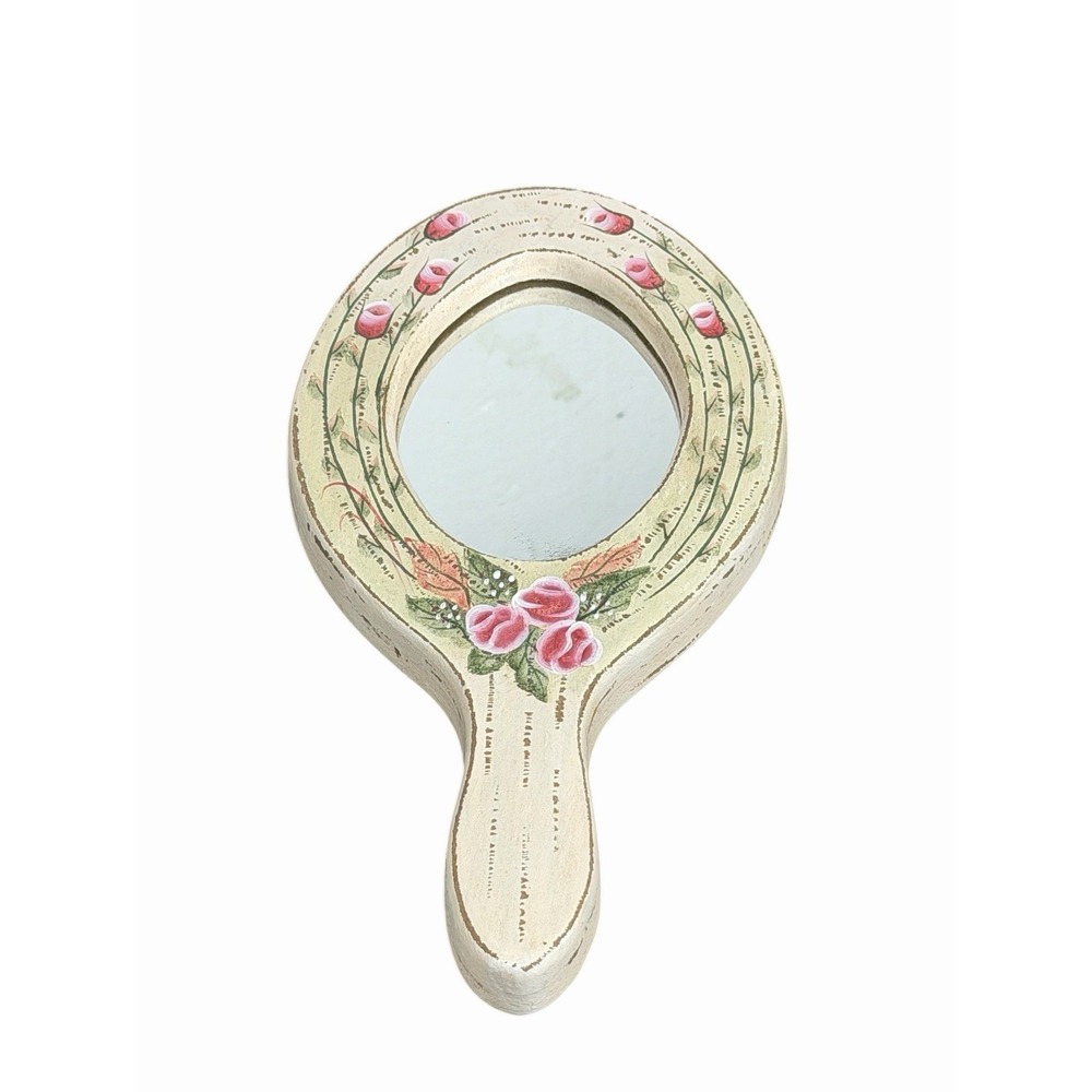 Vtg Floral Hand Mirror Wooden Flowers Cottagecore Vanity Shabby Chic 10" X 5"
